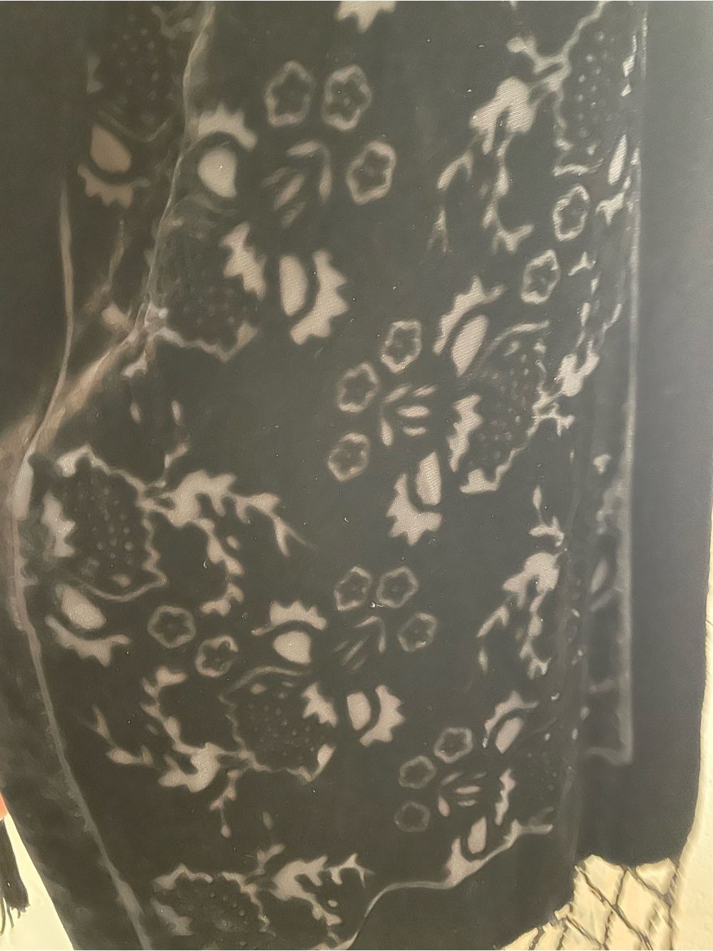 Black Floral Velvet Beaded Tassel Scarf - Boho Gothic Romantic Wrap - Picture 4 of 5